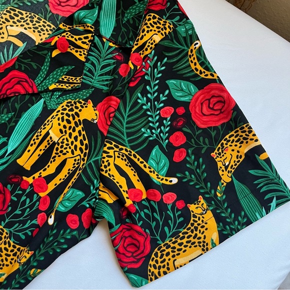 AMERICA & BEYOND black green tropical jungle animal leopard floral wide leg - Picture 3 of 7